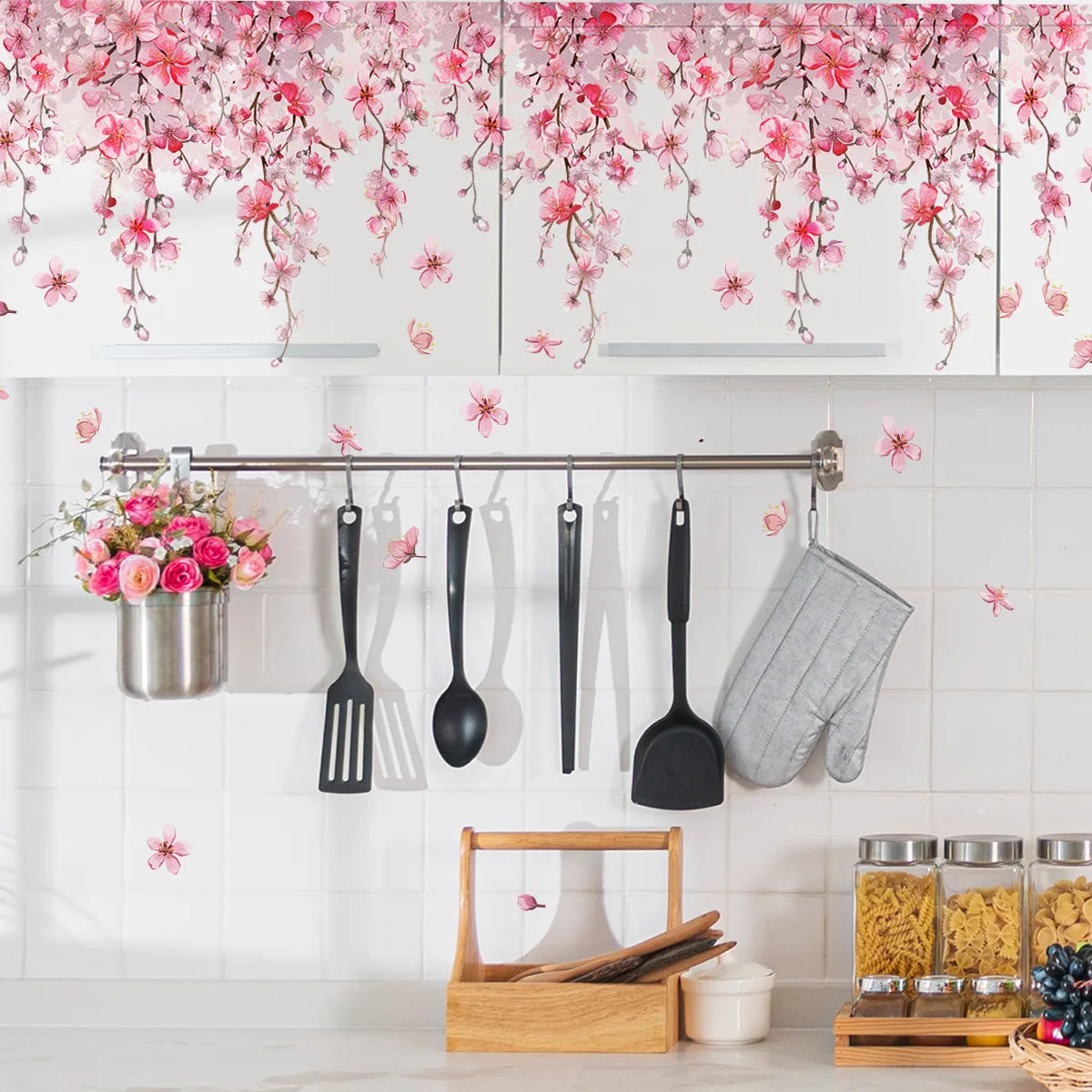 sticker mural floral moderne fleurs cerisier rose blanc facile installer chambre cuisine