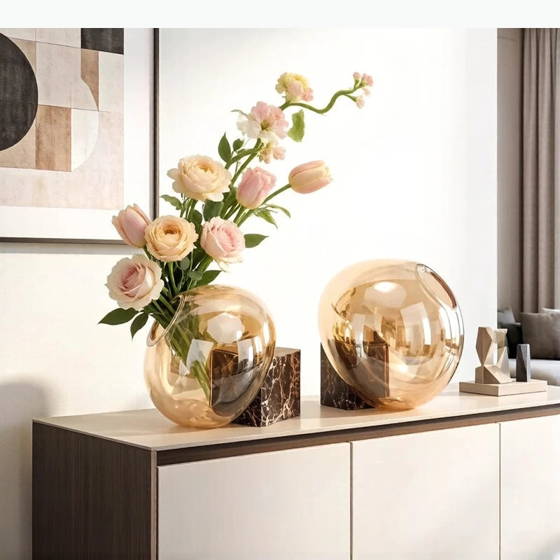 vase moderne or noir marbre boule verre support marbre fleurs artificielles table decorationintérieur