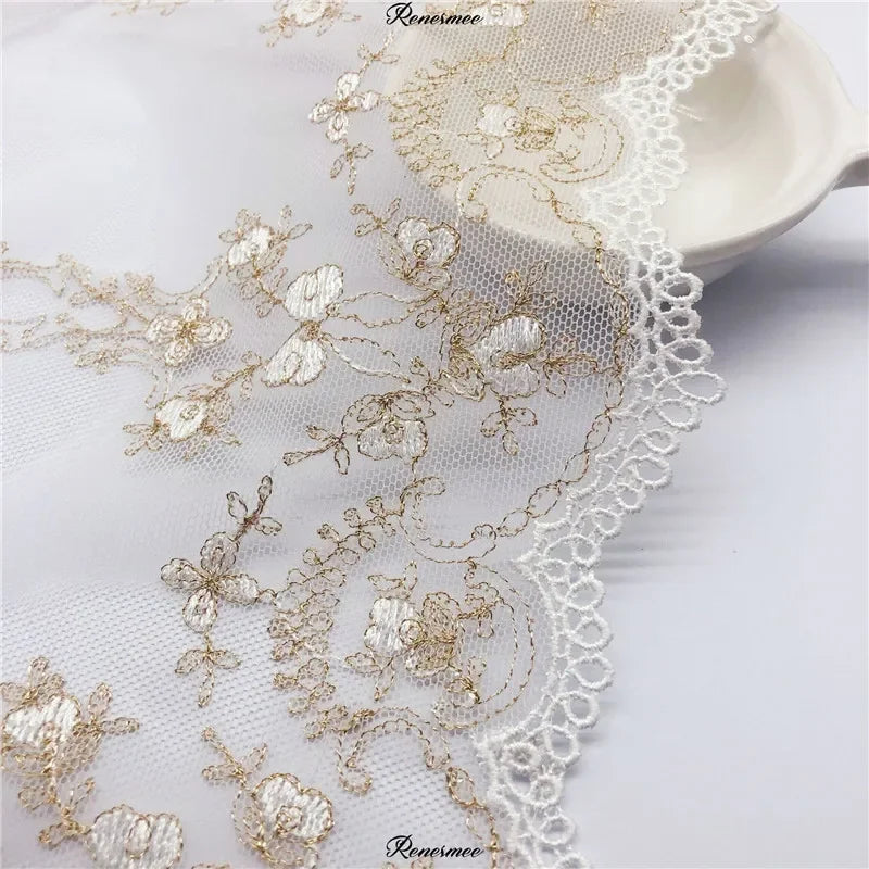 tissu dentelle fleurs feuilles blanc doré élégant classique polyester translucide haut qualité