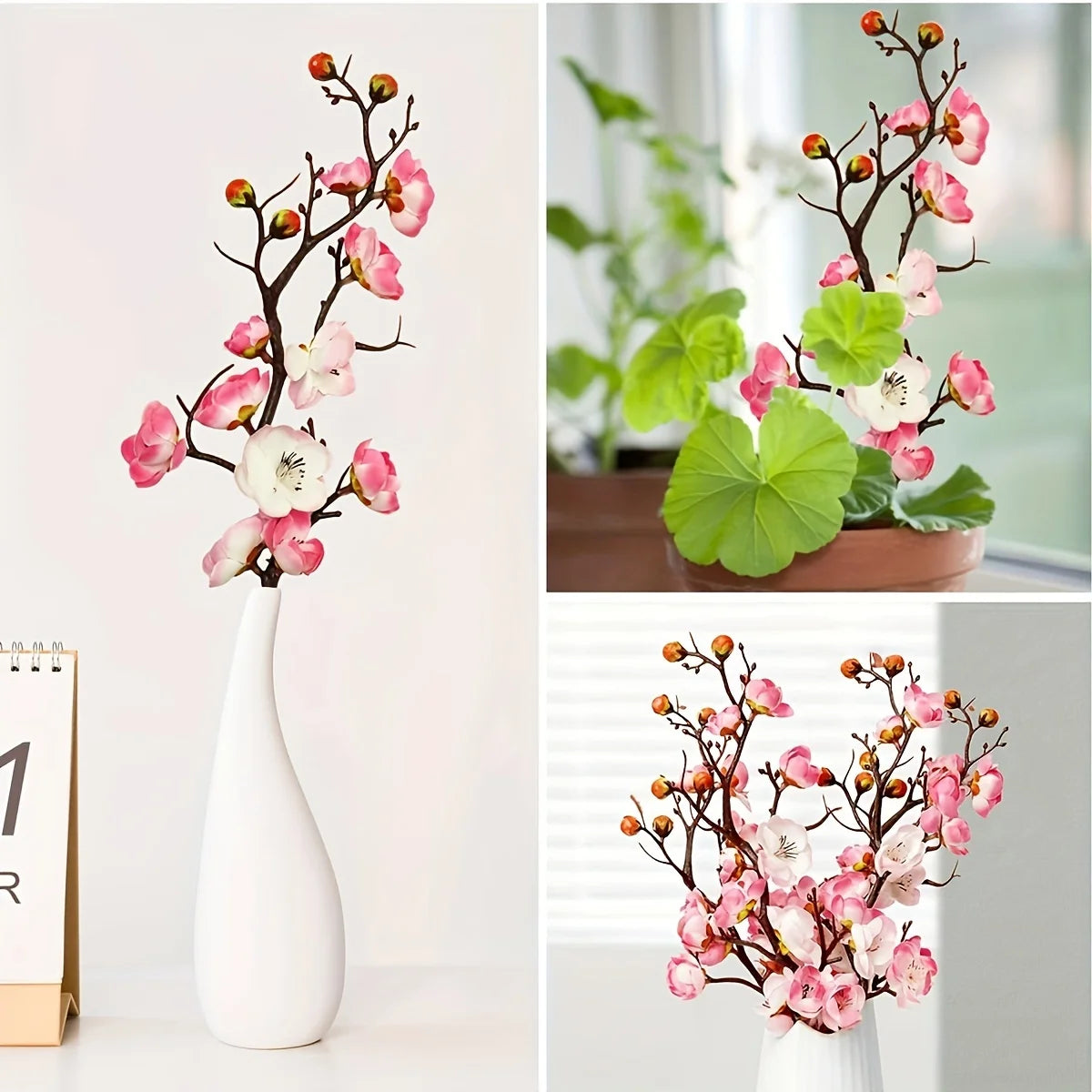 bouquet artificiel fleurs jaune rouge rose blanc branches noires vase blanc décoration intérieureextérieur