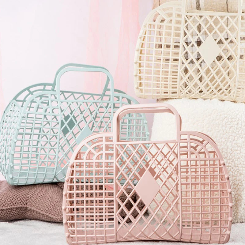 panier rangement vintage poignées filetage opacité violet rose bleu gris beige