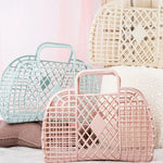 panier rangement vintage poignées filetage opacité violet rose bleu gris beige