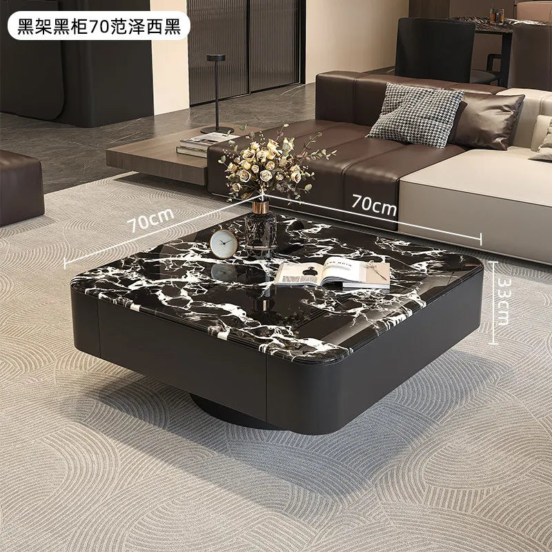 table basse carrée salon minimaliste marbre noir blanc tiroir métal solide