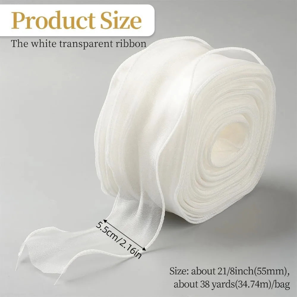 ruban organza blanc polyester transparent festif décoration gâteaux fleurs cadeaux 55mm large 34m longueur