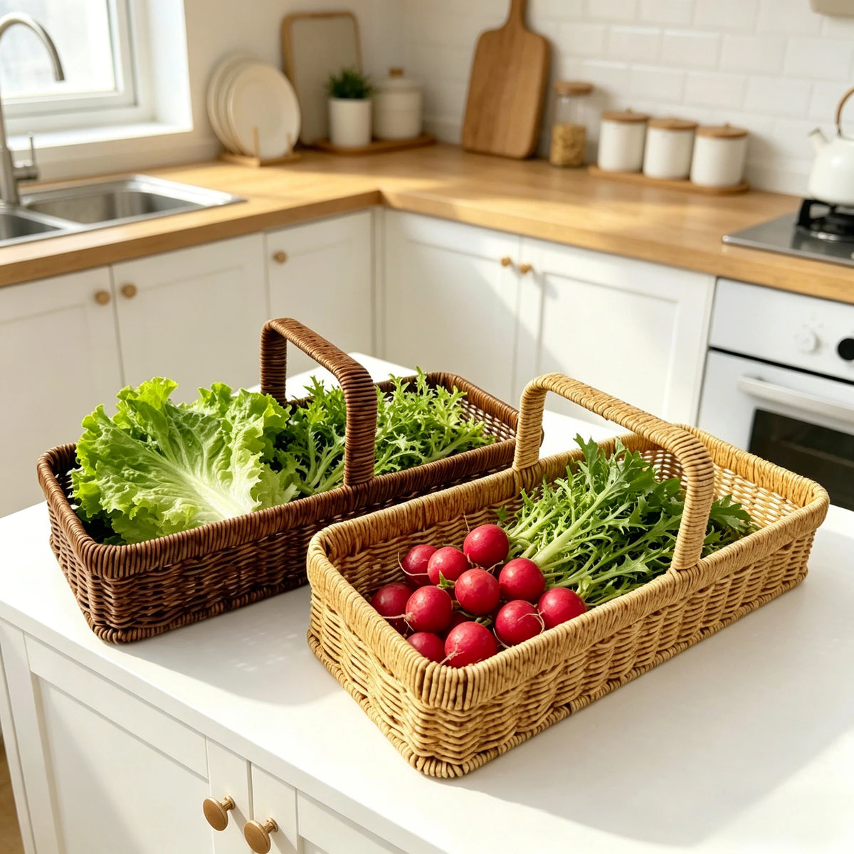 panier tressé marron clair poignées bois rustique cuisine salon snacks fruits légumes