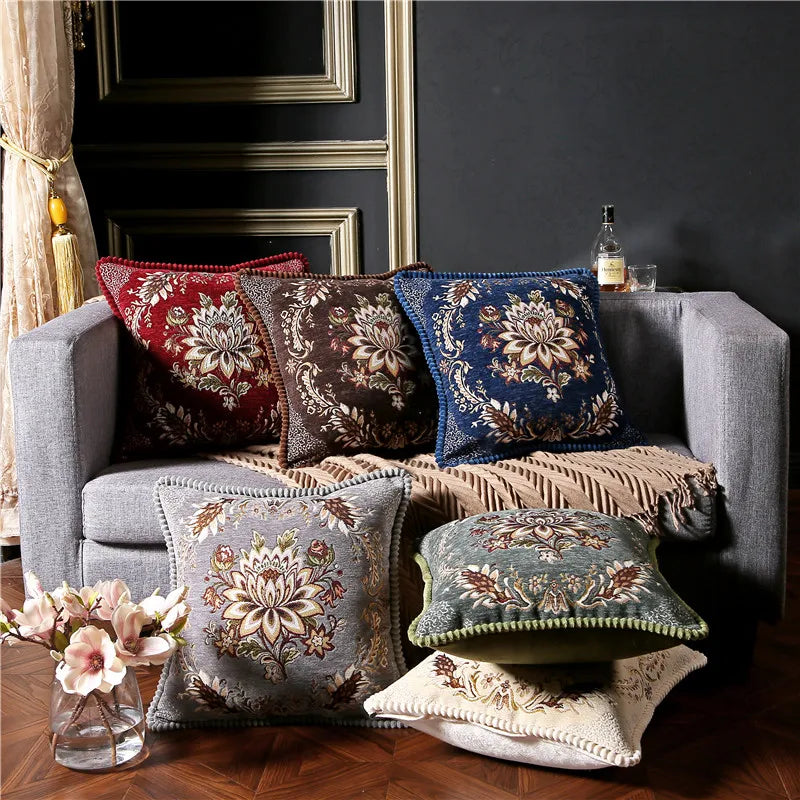 coussin carré floral brodé vintage chenille marron bleu marine élégant zippéversible