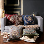 coussin carré floral brodé vintage chenille marron bleu marine élégant zippéversible