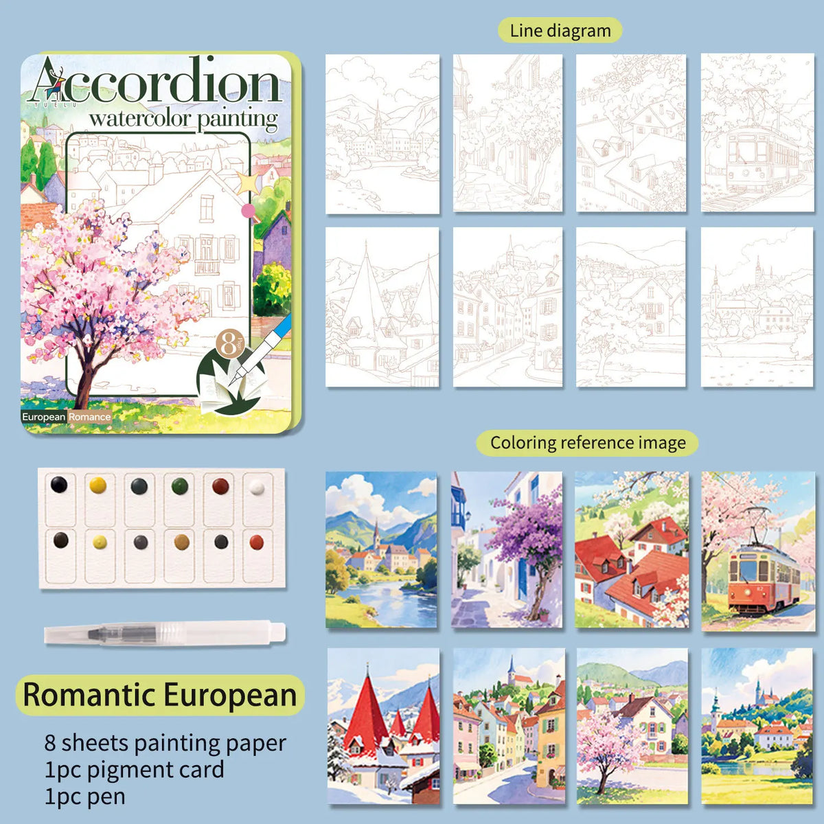 coloriage aquarelle adultes illustrations urbaines paysages fleurs couverture rose peinture pré mixée pinceau
