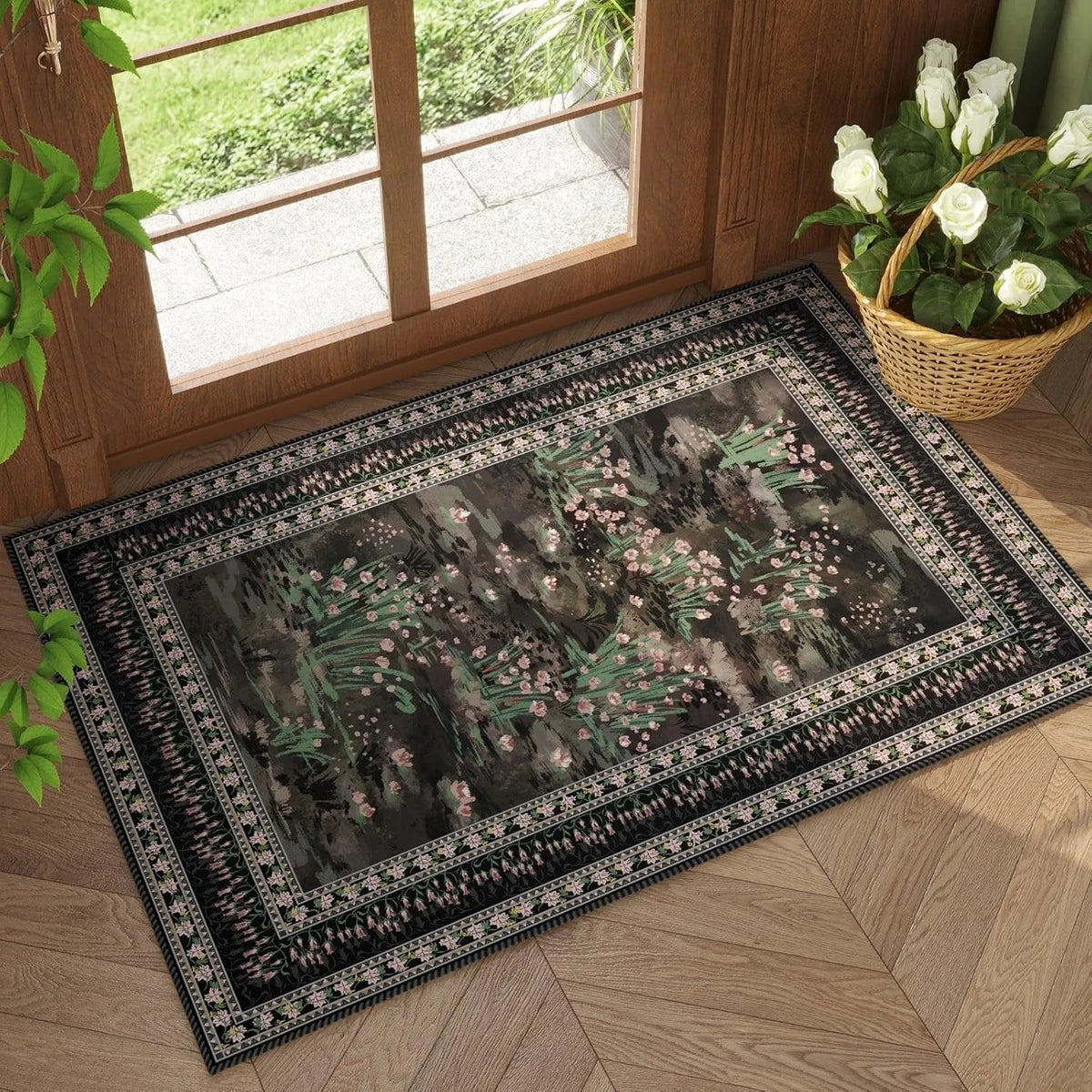 tapis sol antidérapant résistant décoloration fleurs blanches vert feuilles classique 30x50cm 40x60cm 50x80cm