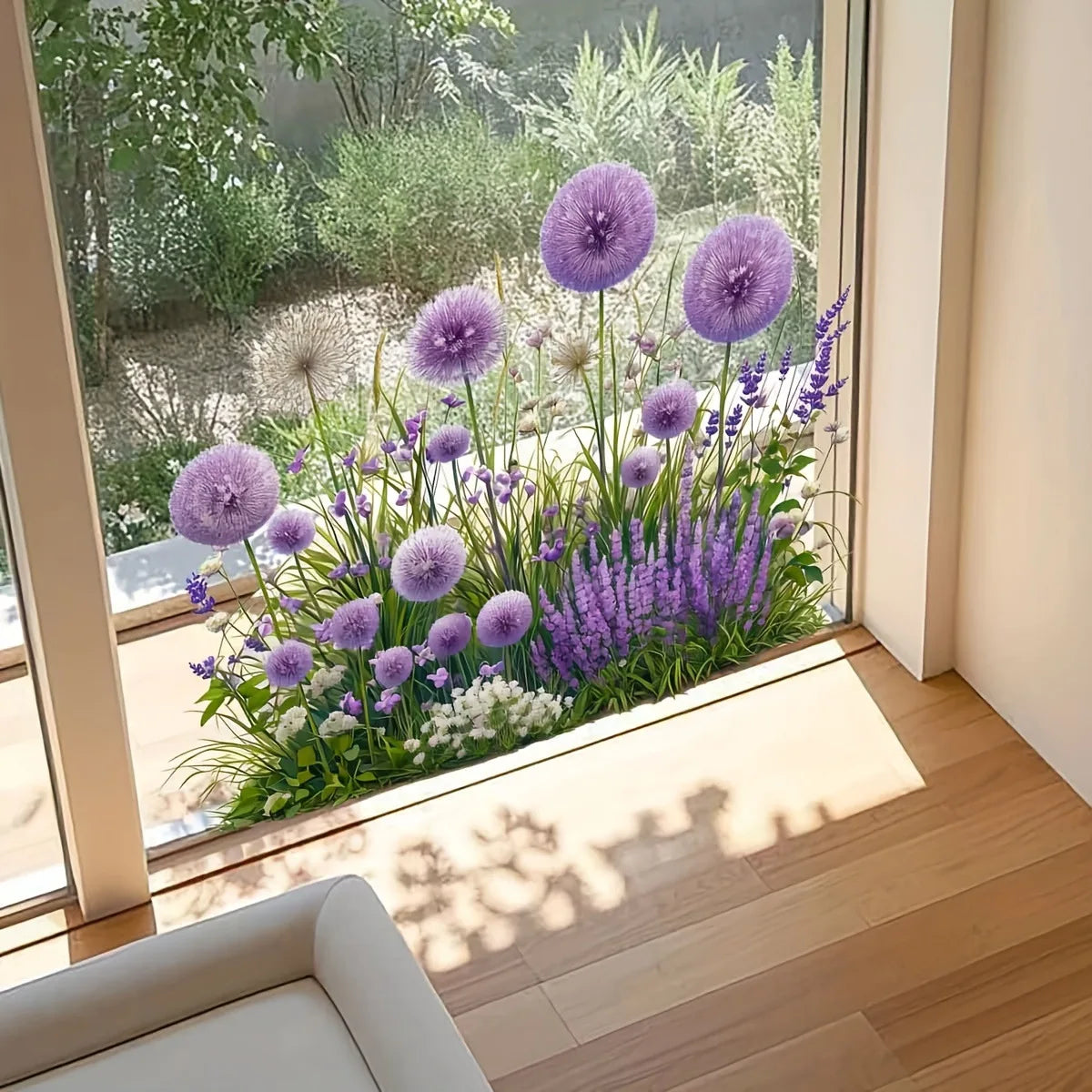 autocollants muraux fleurs violet herbe ciel adhésifs intérieur balcon fenêtre décoration