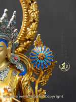 statue bouddhiste or bleu argent rouge motifs floraux complexe tibetain halo doré couronne sceptre