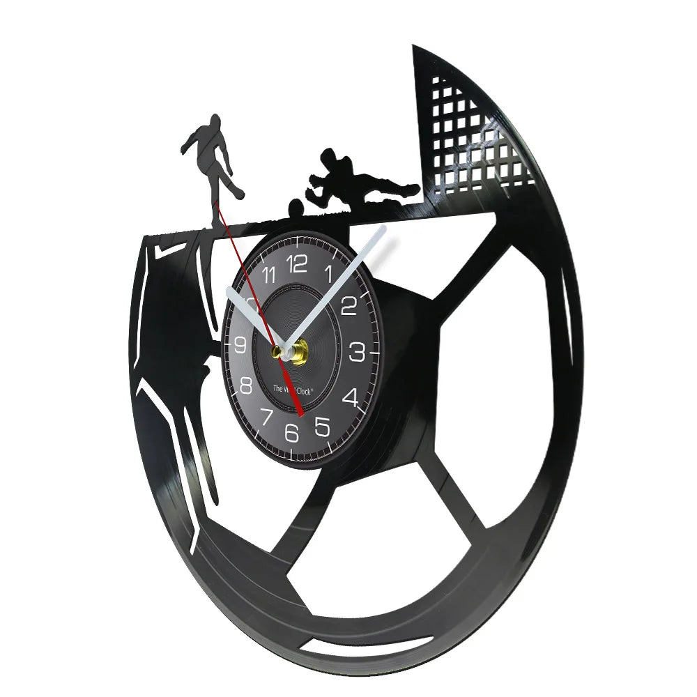 horloge murale noire football silhouette joueurs ballon moderne rétro décoration salon chambre enfant