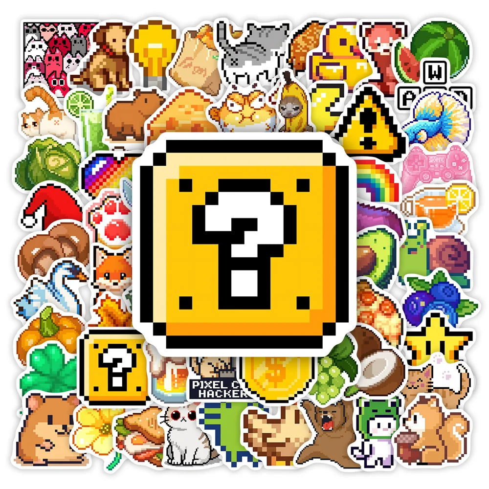 Stickers vinyle imperméables pixel art animaux multicolores adhésifs usage unique adultes adolescents