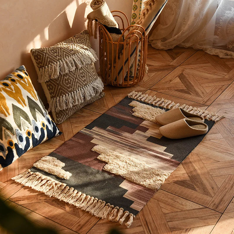tapis boho chic géométrique coton pompons antidérapant intérieur étoiles cercles triangles