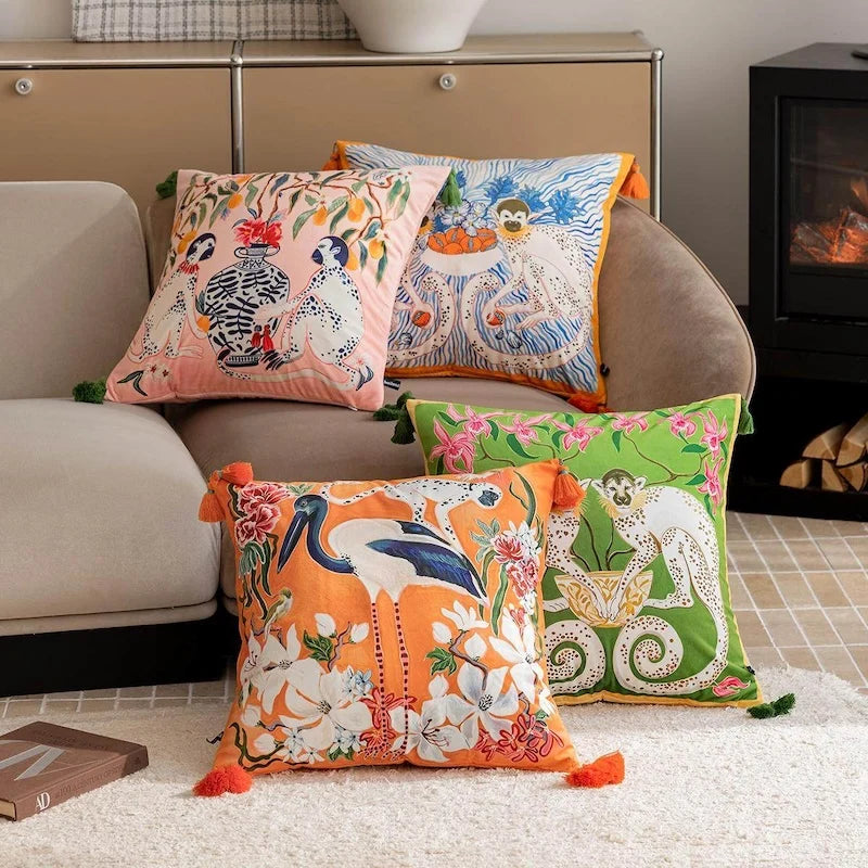 housses coussins motif animal moderne orange rose vert bleu tassel floral abstraits