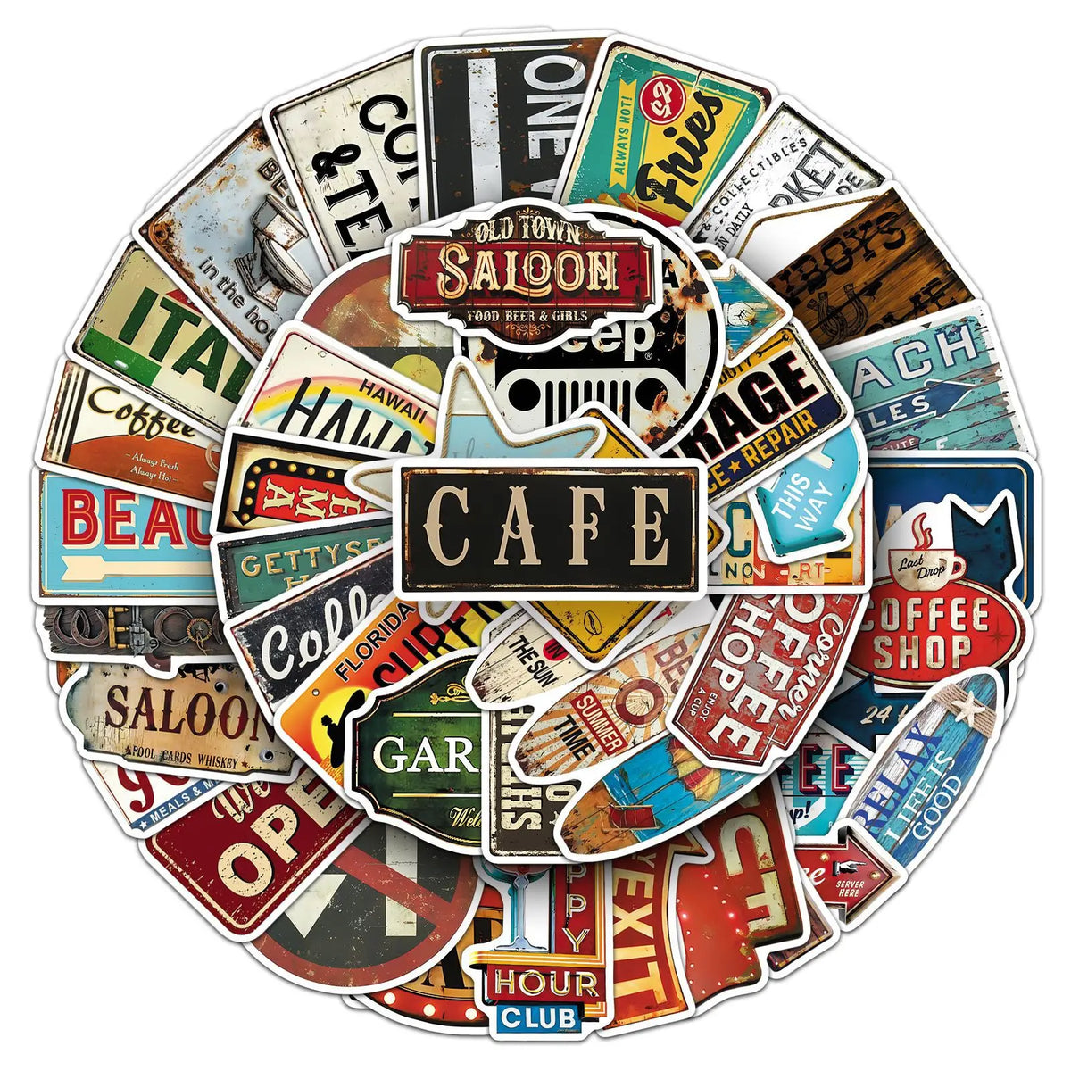 sticker rétro vintage enseignes vieillies diverses couleurs motifs touristiques adhésif décoration portable téléphone guitar