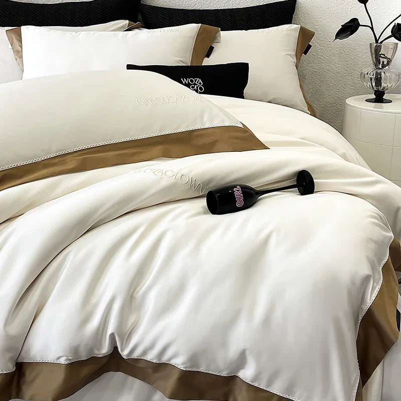 parure lit luxe coton lyocell satiné housse couette drap plat taies oreillers blanc