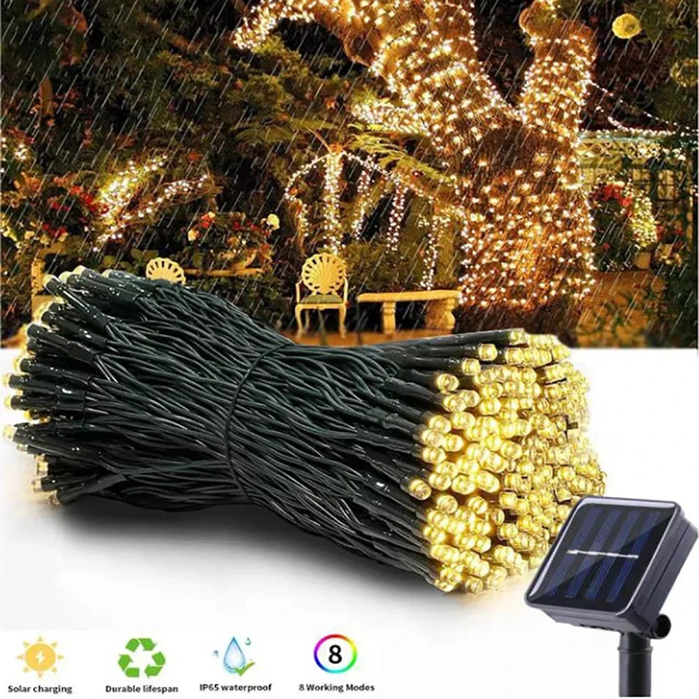 guirlande lumineuse solaire 100 led blanc chaud moderne modes ip65 auto recharge extérieure jardin