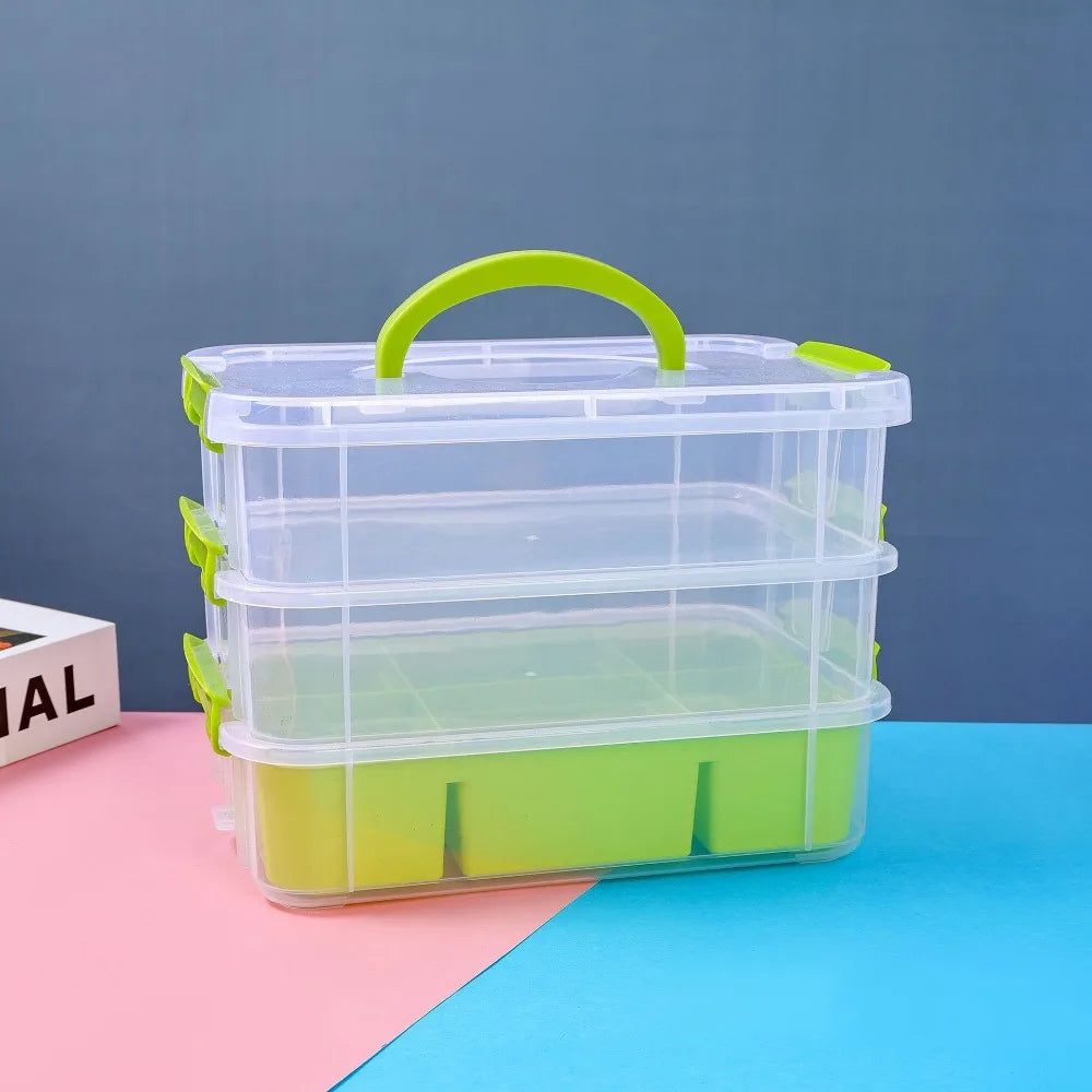 boîte rangement transparente moderne multicolore compartiments réutilisable plastique respectueux environnement poignées détachables