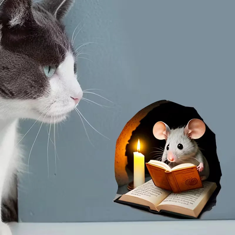 autocollant mural 3d souris livre bougie gris blanc brun noir décoration chambre étagère amovible