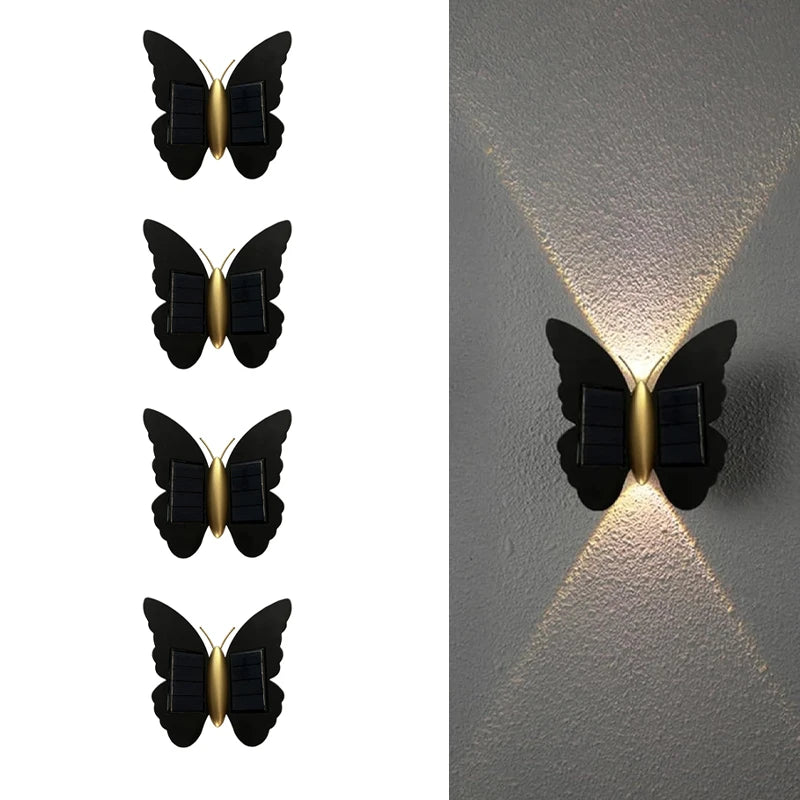 lampe murale solaire led papillon moderne noir doré extérieure adhésive ip44 rechargeable 2lumieres