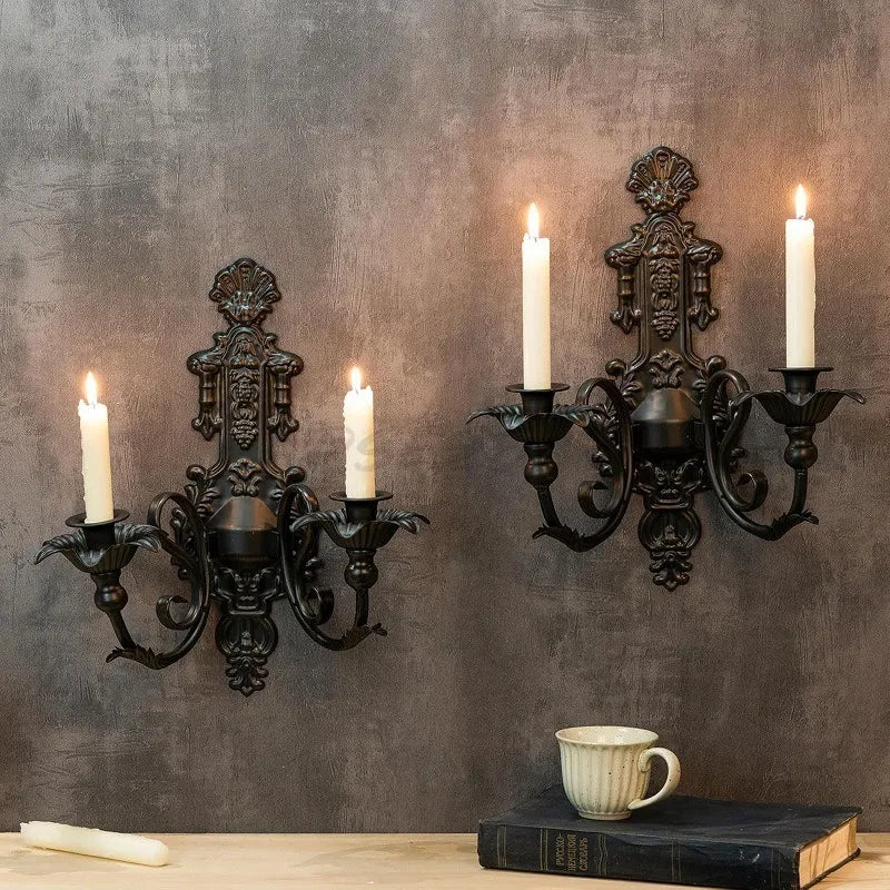 applique murale deux bras ornements baroques motifs floraux bougies noires classique baroque métal fer