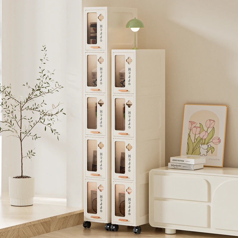 rangement mobile meuble beige compartiments tiroirs moderne minimaliste roulettes salon cuisine chambre