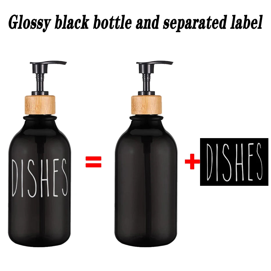 distributeur savon liquide cuisine pompe bois bouteille blanche noire vaisselle mains pot verre