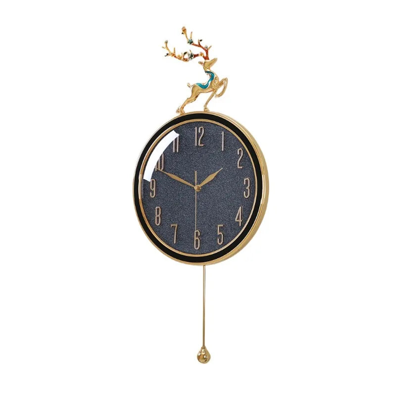 horloge murale moderne or bleu cerf décoration festive salon round métal doré