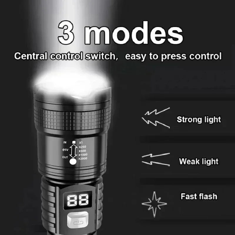 lampe torche led rechargeable super lumineuse étanche mode clignotant affichage numérique camping pêcheextérieur moderne