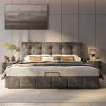 lit moderne gris foncé tête capitonnée table chevet assortie espace rangement moderne luxueux