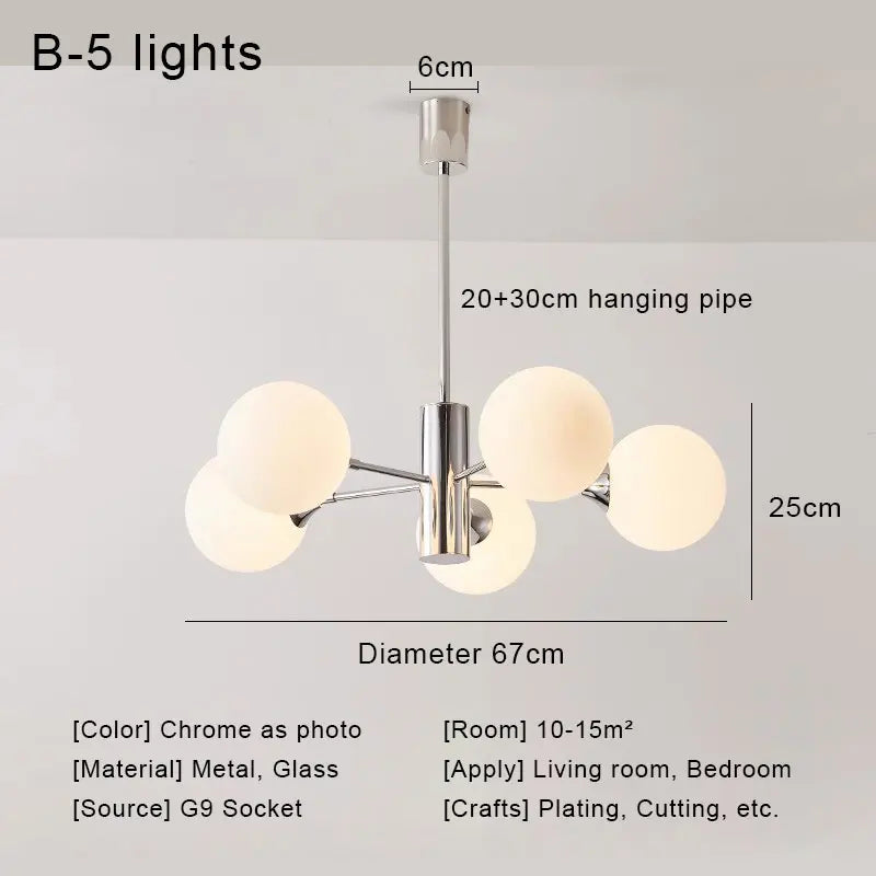 Suspension lumineuse moderne boules sphériques translucides structure chromée salon chambre coucher