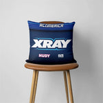 coussin décoratif moderne bleu marine blanc orange logo xray zip 45x45cm