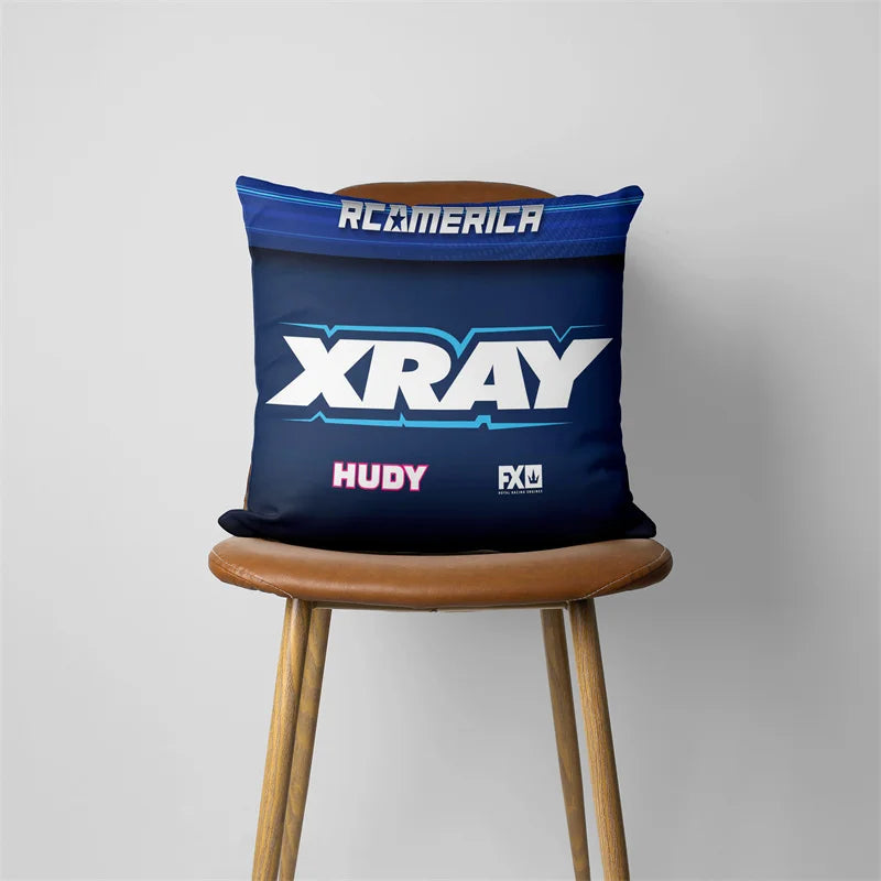 coussin décoratif moderne bleu marine blanc orange logo xray zip 45x45cm
