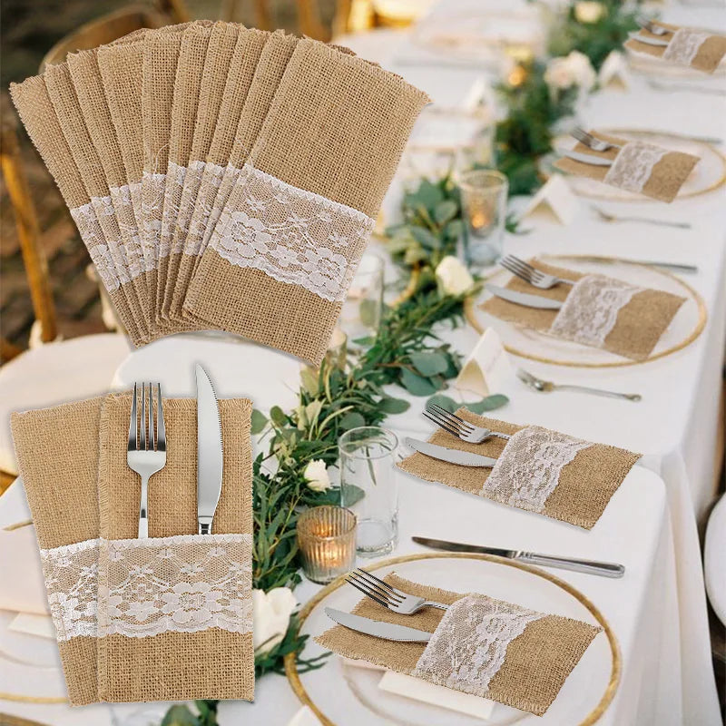 serviettes table rustiques toile jute dentelle blanche mariage anniversaire noël décoration festive vintage
