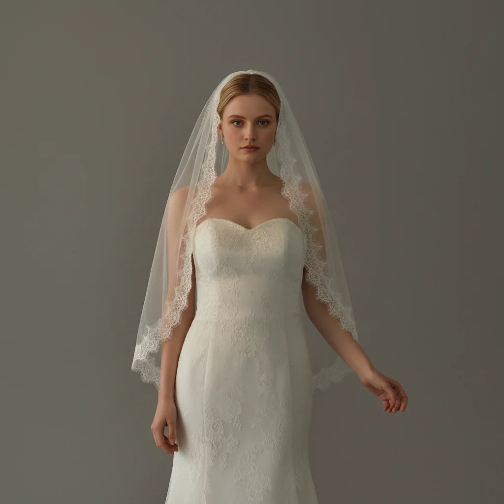 voile mariée blanc dentelle fine classique mariage translucide unique couche bride élégante