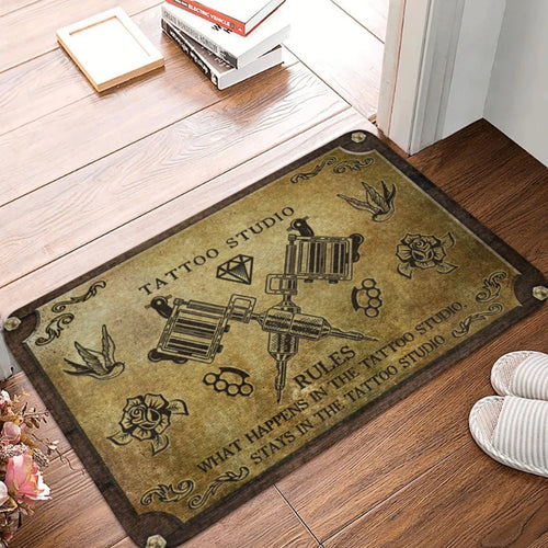tapis sol noir motif tatouage studio vintage décoration entrée maison salon intérieur moderne
