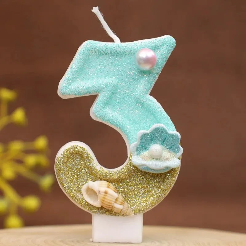 bougies numériques forme chiffres glitter thème marin anniversaire turquoise doré blanc coquillages clips
