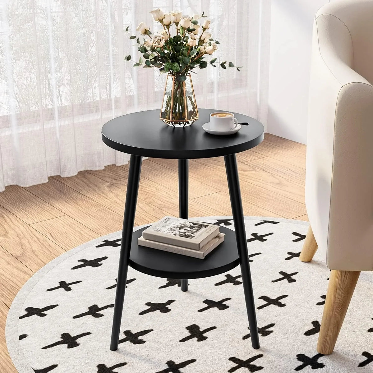 table ronde moderne étagère bois clair scandinave hauteur 55cm diamètre 38cm