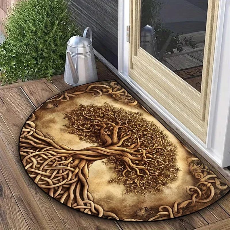 tapis d'entrée arbre stylisé vert doré noir moderne résistant décoration intérieure extérieur