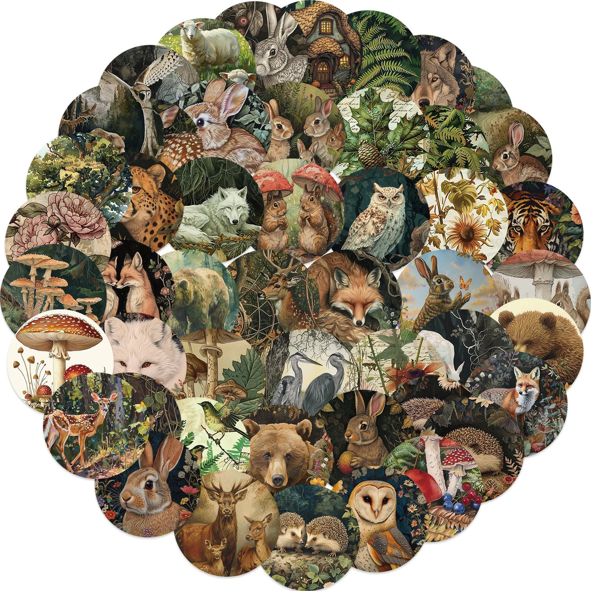 autocollants animaux forêt multicolores waterproof adhésifs unique illustration renard ours oiseaux 50pcs étanches portables