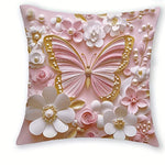 housse coussin imprimé fleurs papillon rose blanc doré adhésive décoration intérieure 40x40cm