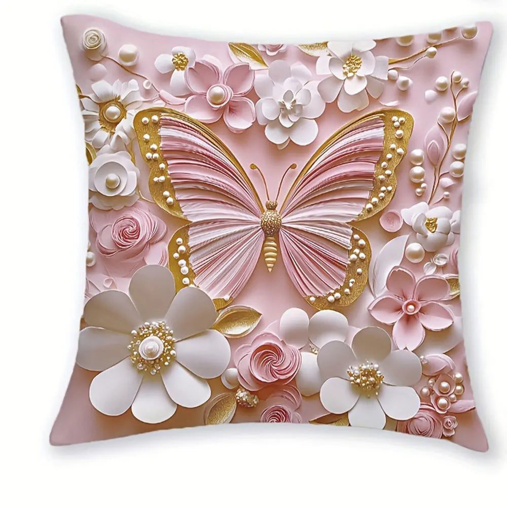 housse coussin imprimé fleurs papillon rose blanc doré adhésive décoration intérieure 40x40cm