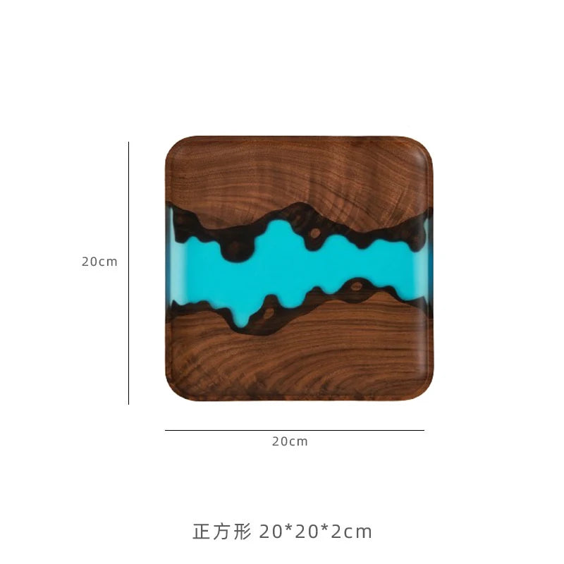 assiette moderne bois noyer résine marron foncé bleu clair texture naturelle grande capacité 28cm