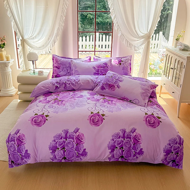 ensemble literie violet clair roses imprimées housse couette taies d'oreiller zippées moderne lit 150x200cm