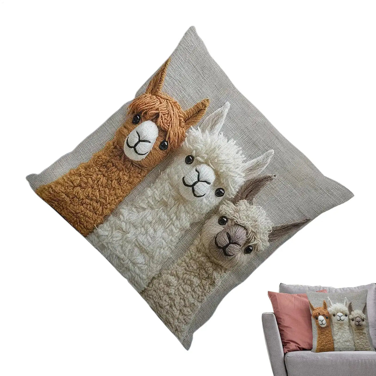 housse coussin lamas brodés fond texturé beige marron anniversaire noel décoration chambre