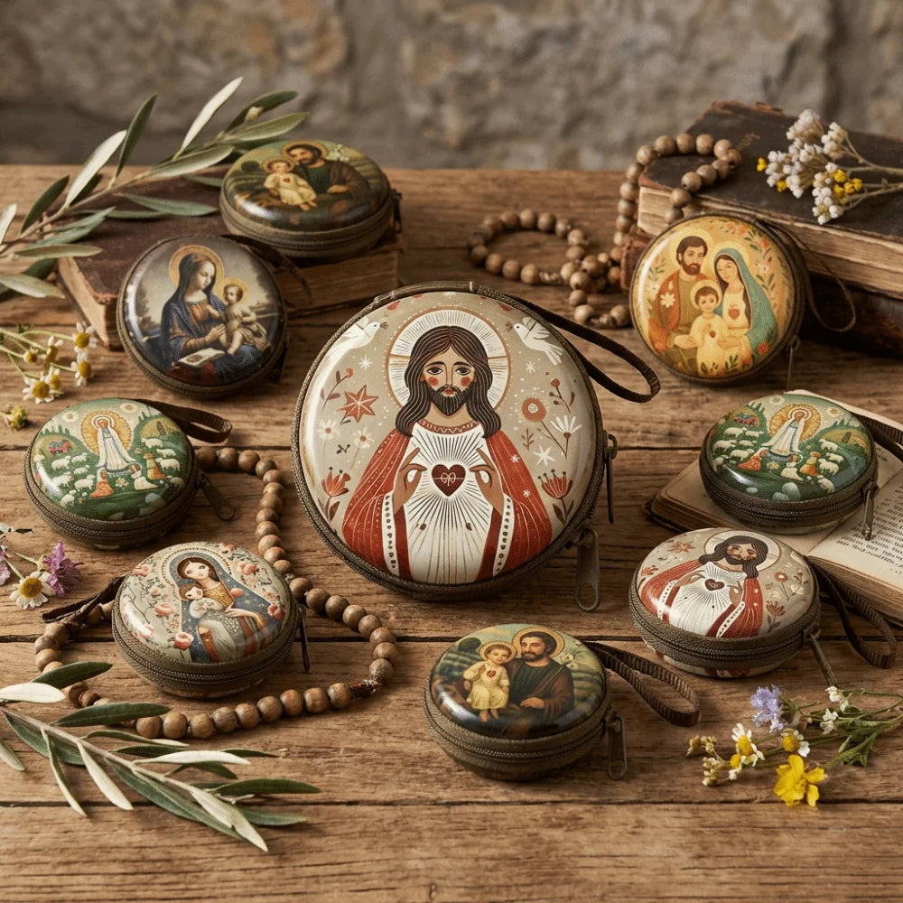 boîte rangement métal zipper illustrations religieuses saints coeurs sacrés multi usages opaques