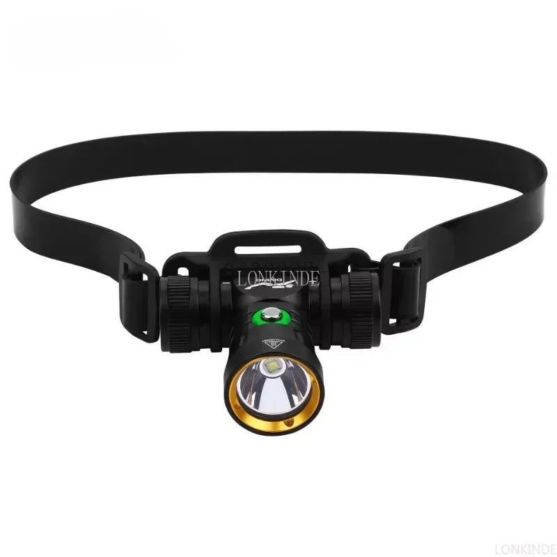 lampe frontale plongée led noir doré robuste ipx8 indicateur batterie ceinture ajustable moderne fonctionnelle