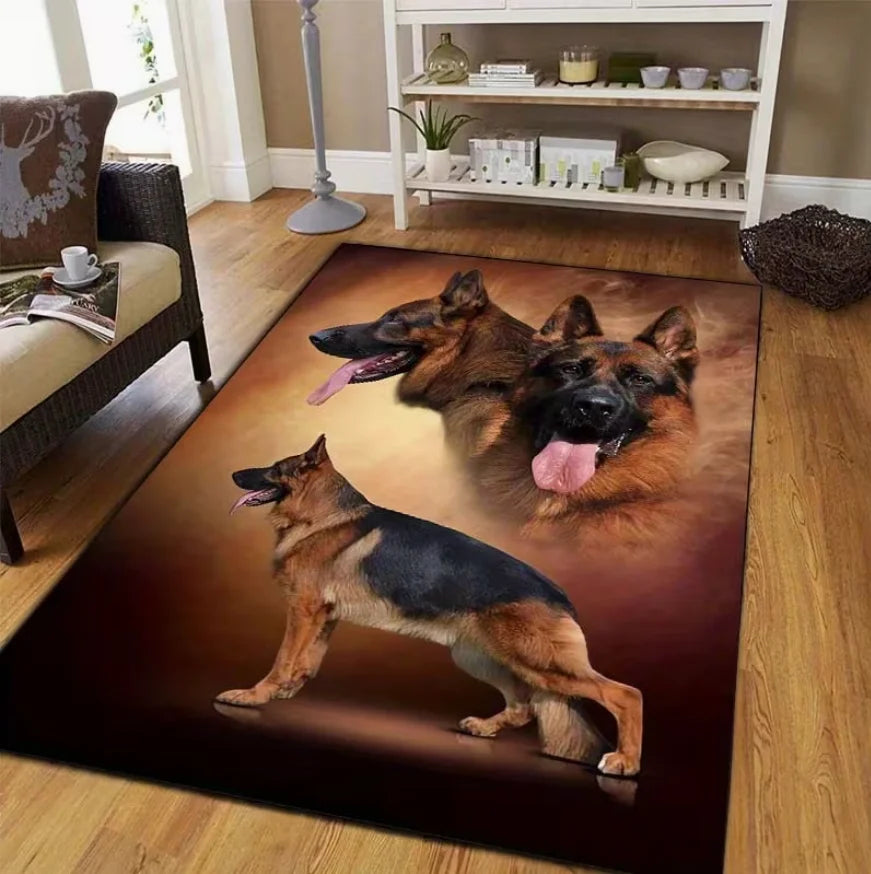 tapis imprimé chien moderne noir marron beige bleu salon chambre facile nettoyer polyester polypropylène