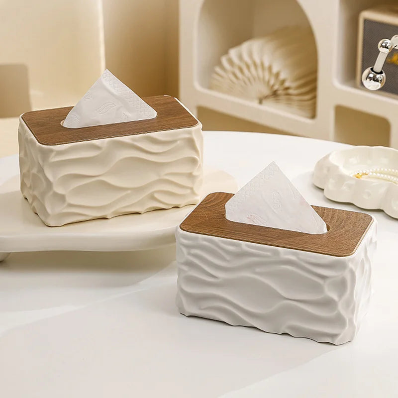 boîte mouchoirs moderne plastique blanc texture ondulée mouchoirs blancs bois foncé